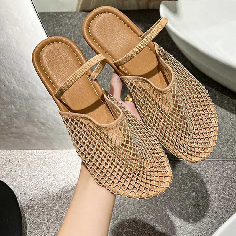 Nude Color Fishnet Mule Slides Woman Luxury Rhine Mesh Flat Sandals Ladies Summer Casual Net Shoes Plus SizeXJ250221