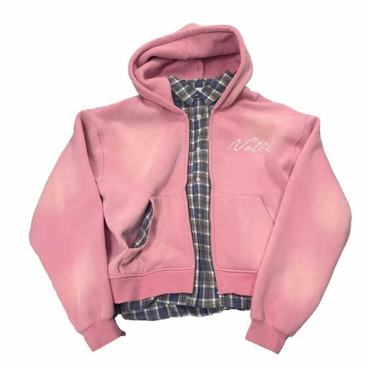 Streetwear Pink Fake Two Piece Sweatshirt Harajuku Gothic Punk Casual Zipper Hoodie Jacket Mens Womens Fake Plaid Shirt Hoodie W250222