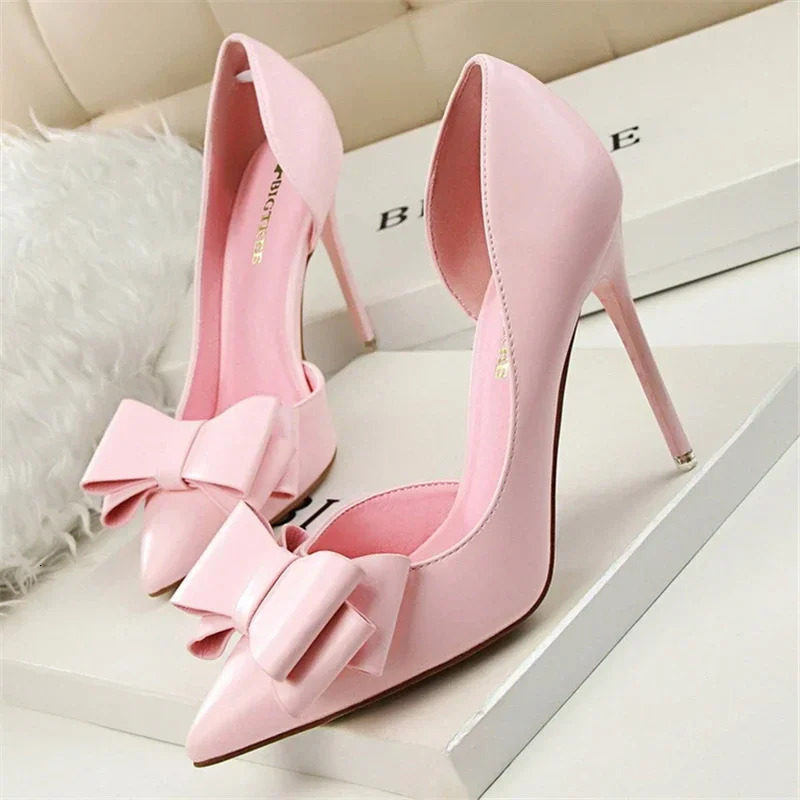 Spring Party Elegant Pink Butterfly-Knot High Heels Women Fashion Wedding Dress Pumps Side Hollowed Stiletto Shoes 250221