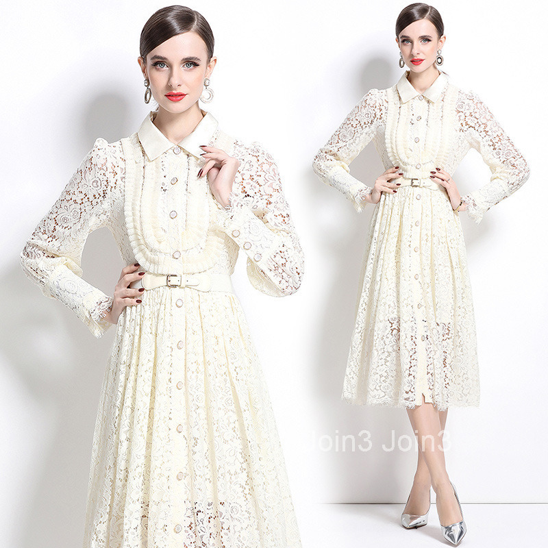 Spring and Autumn New Womens Clothing Style Hook Flower Hollow Lace Dress Solid Color Large Swing Long Dress