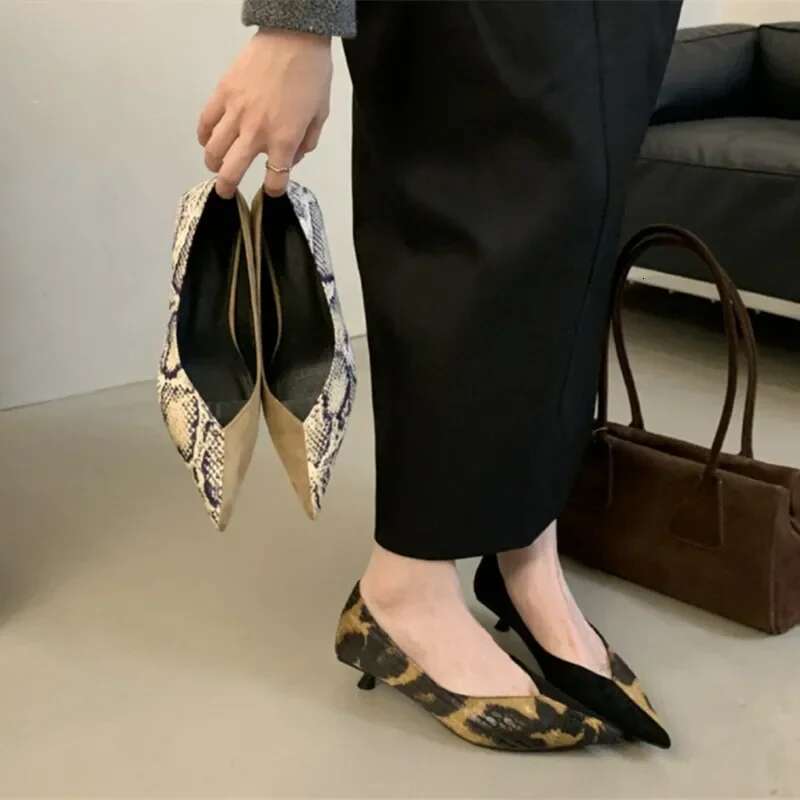 Elegant Leopard Print Low Women Pumps Sexy Pointed Toe Kitten Heel Mules Shoes Comfort Casual High Heels Atos De Mujer