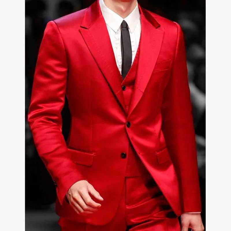 Slim Fit Red Men Suits for Prom Singer Stage 3 Piece Satin Wedding Groom Tuxedo Male Fashion Jacket Waistcoat with Pants 2023XJ250222