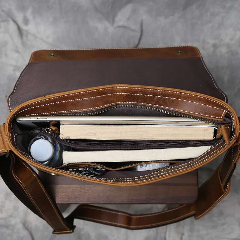 New Crazy Horse Men's Original Retro Shoulder Horizontal A4 Postman Bag Handmade Leather Crossbody Bag.
