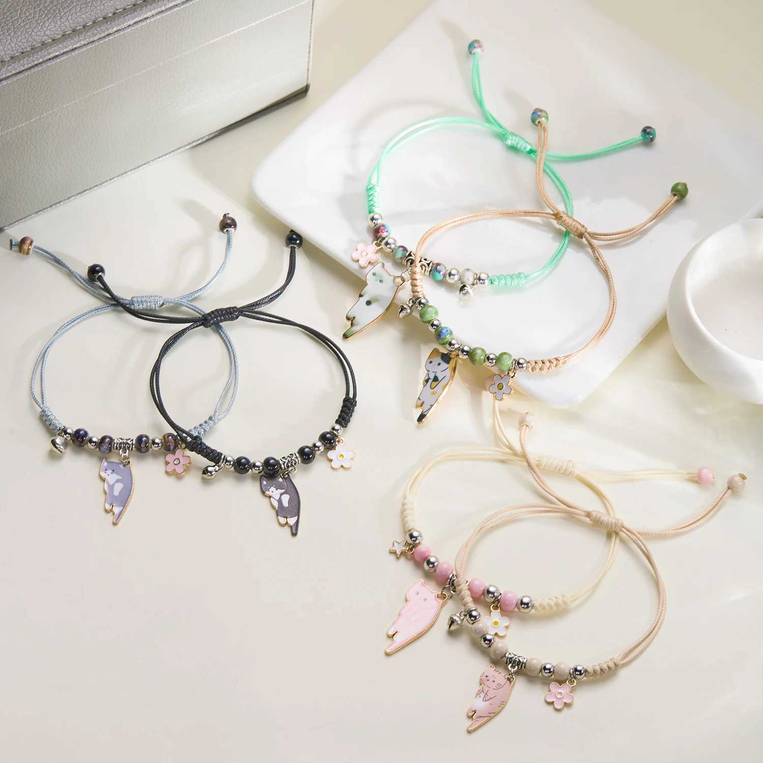 Cartoon enamel animal cat flower bracelet for girls children women charm pet sling rope bracelet handmade friendship jewelry W250221