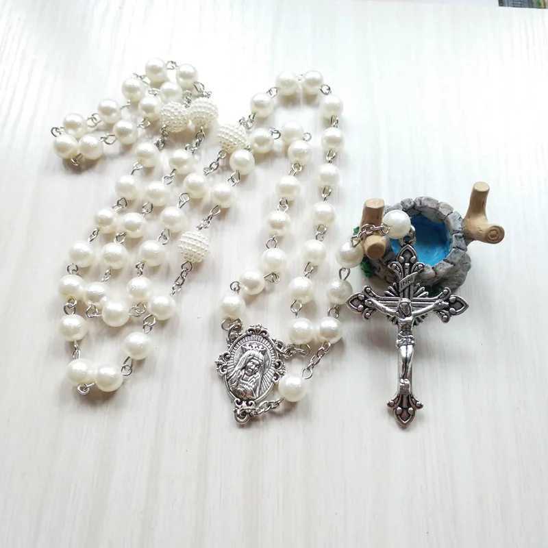QIGO White Acrylic Pearl Long Catholic Necklace Cross Pendant Rosary Necklace Religious JewelryXJ250222