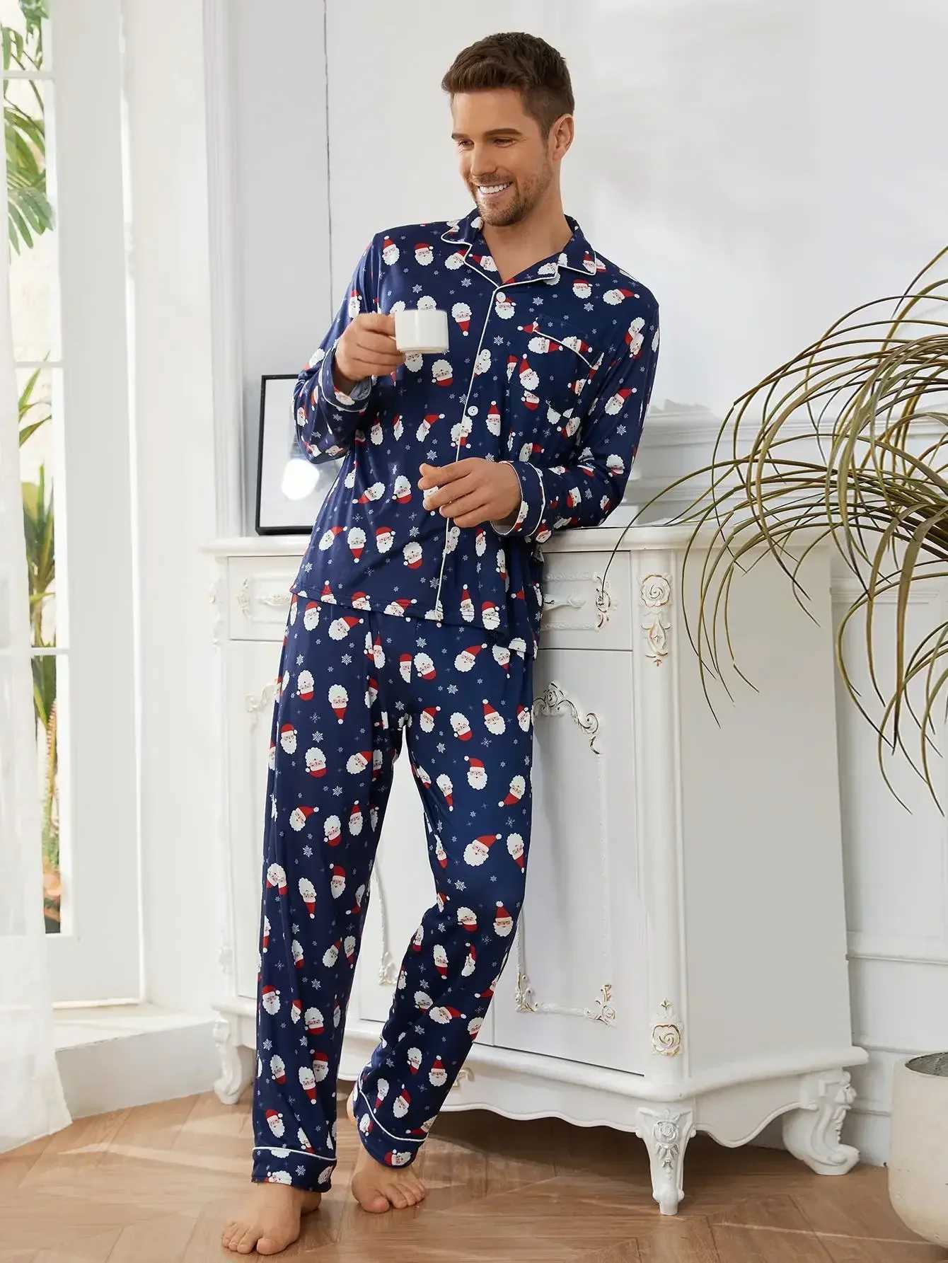 Christmas Santa Claus Men Pajama Set Long Sleeves Button Top Full Length Pants Sleepwear 2 Pieces Notched Collar NightwearXJ250222