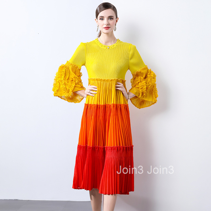 Miyake Color Blocking Splicing Pleated Nail Bead Trumpet Sleeve Large Swing Skirt Feeling Cake Skirt Dress for Women