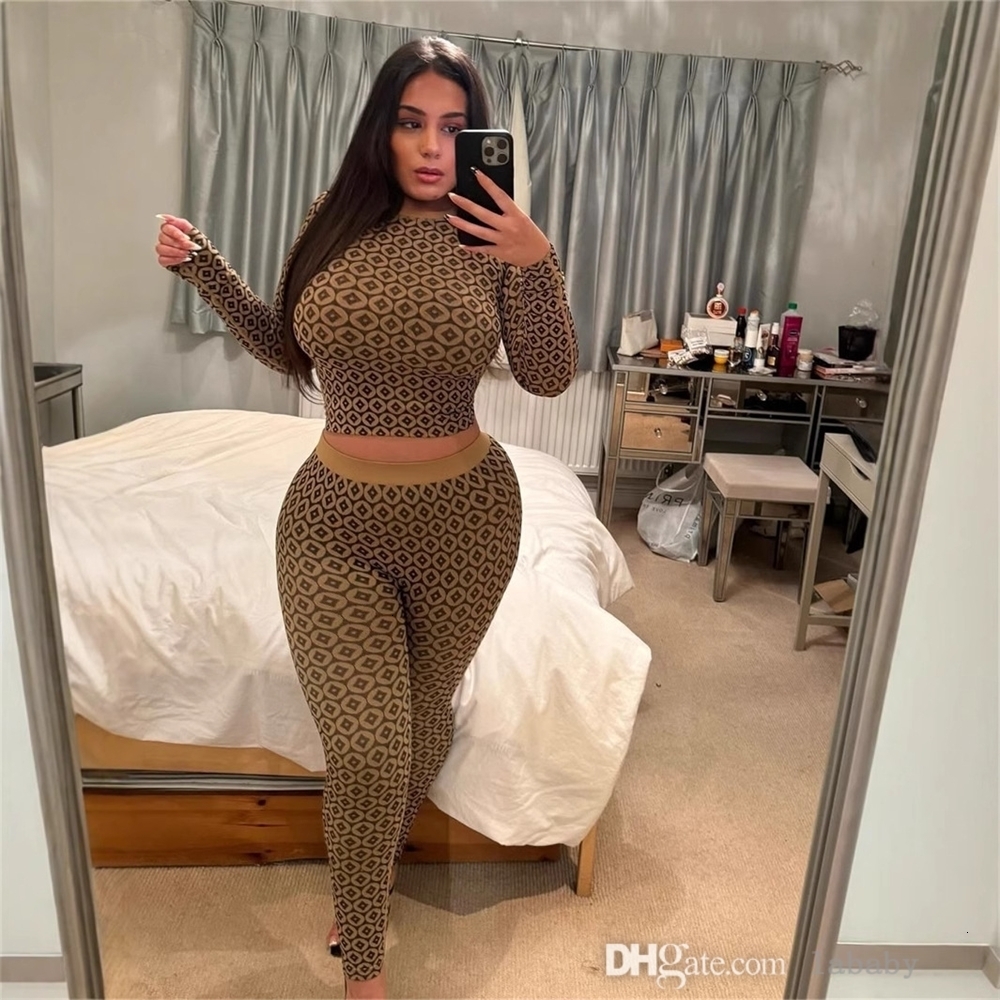 Fashion Womens Tracksuits Slim Fit Sexy Elastic Two Piece Set Women Printed Long Sleeve Round Neck Crop Top And Pants 2Pcs Sets Casual Track Suit Outfits