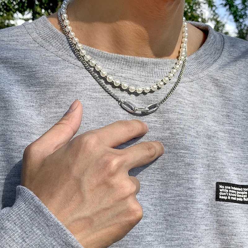 Punk Hip Hop Necklace Retro Creative Geometric Design Pearl Chain Necklace for Women Men Personality Choker Jewelry GiftsXJ250222
