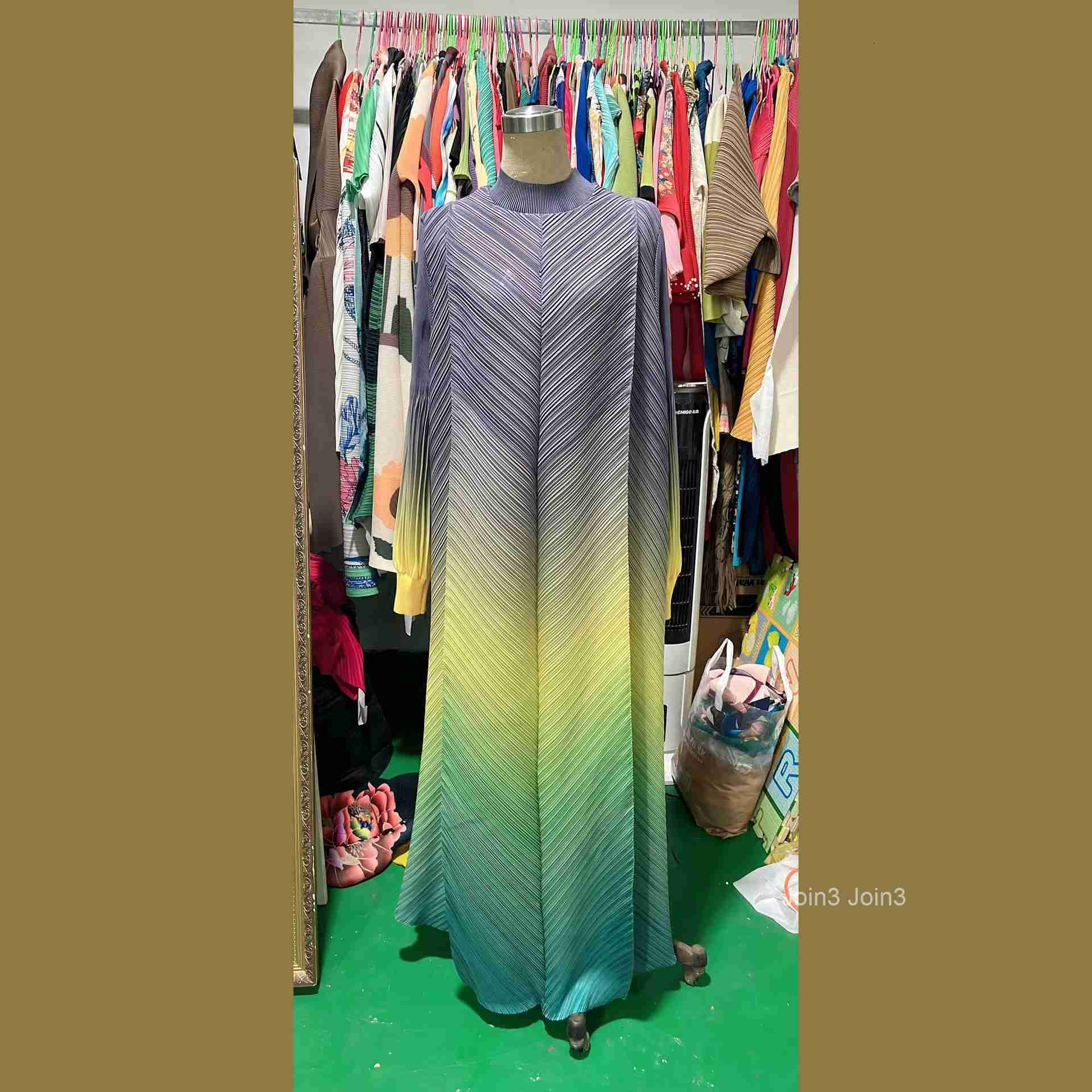 pleated gradient long skirt womens fashion temperament loose plus long sleeved stand up collar dress