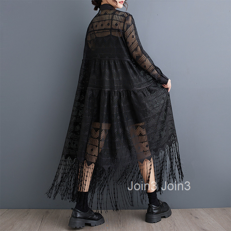 Spring and Autumn Dark Long Lace Splicing Dress Fashionable and Versatile Perspective Shirt Skirt