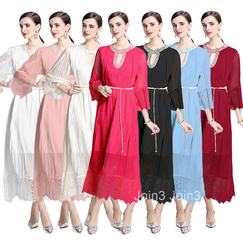 Spring New Womens Style Lace Splicing pleated Long Dress Large Loose Nail Bead Dress