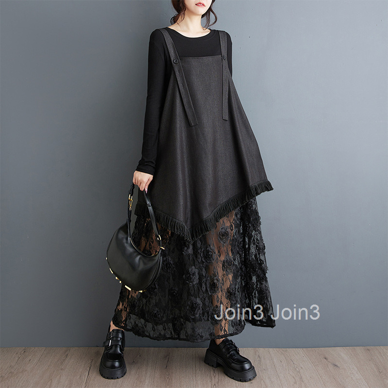 Autumn New Heavy Industry 3D Flower Lace Splicing Dress Versatile Long Strap Skirt