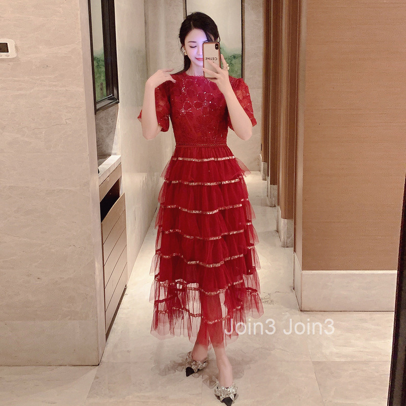 Spring/Summer New Womens Style Sparkle Embroidered Flower Bubble Sleeve Waist Mesh Cake Dress