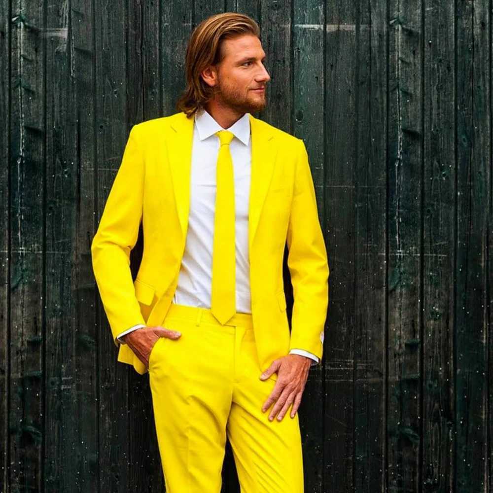 Customized Fashion Groom Terno Masculino 2-piece Yellow One Button Notched Collar Smoking Mens Set (Jacket+Pants)XJ250222