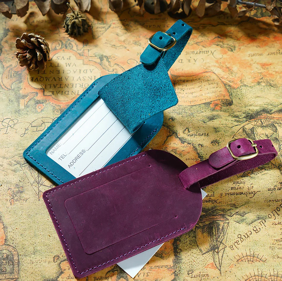 Vintage Genuine Crazy Horse Luggage Tag Suitcase Label Baggage Boarding Tag ID Address Holder Travel Tag 250221