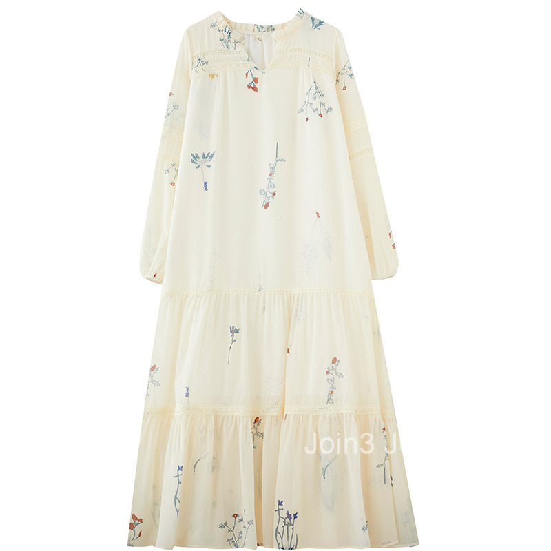 Spring and Autumn loose artistic fashion printed long sleeved patchwork pleated temperament versatile mid length dress