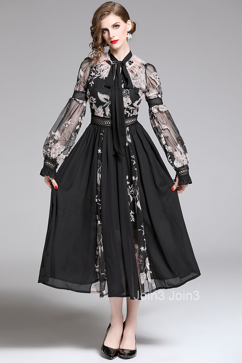 Autumn Temperament Embroidered Lace Up Feather Lantern Sleeves Backless Long Sleeved Grand Dress Long Skirt Dress