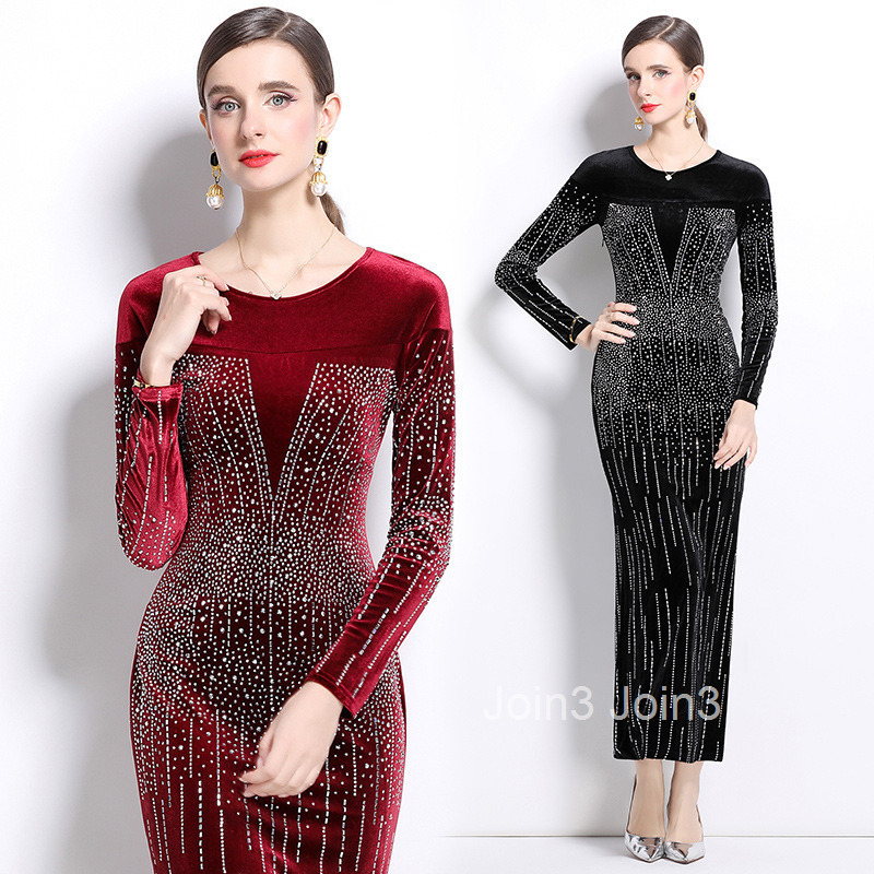 Autumn/winter New Womens Clothing Style Velvet Hot Diamond Long Sleeve Slimming Long Dress