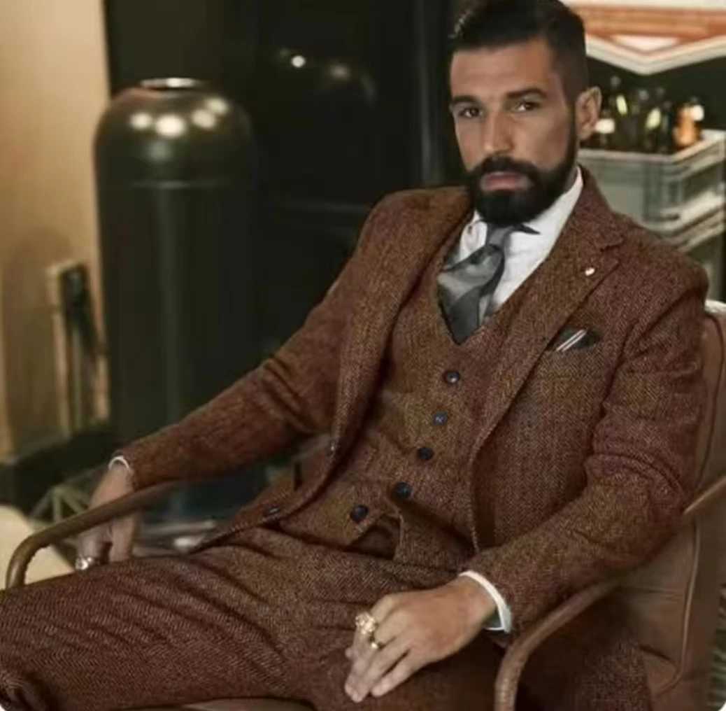 Mens Suit 3 Pieces Blazer+Vest+Pants Formal Two Herringbone Dress Suit Prom Tuxedos Groomers Wedding DressesXJ250222