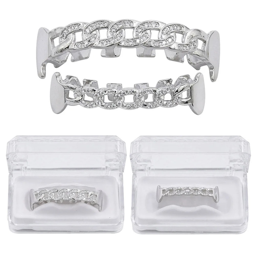 Hip Hop CZ Hollow out Teeth Caps Cubic Zircon Iced Out Micro Pave Top Bottom Charm For Men Women Jewelry Gift 250220