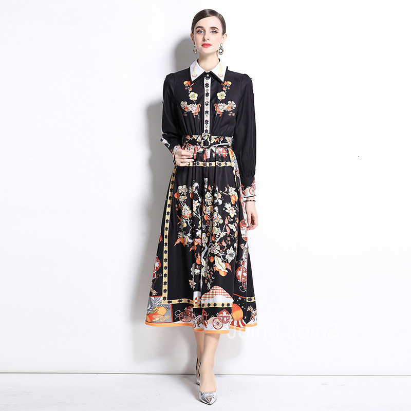 Spring New Womens Fashion Printed Collar Long Sleeve Crimson Waist Big Swing Long Skirt Dress