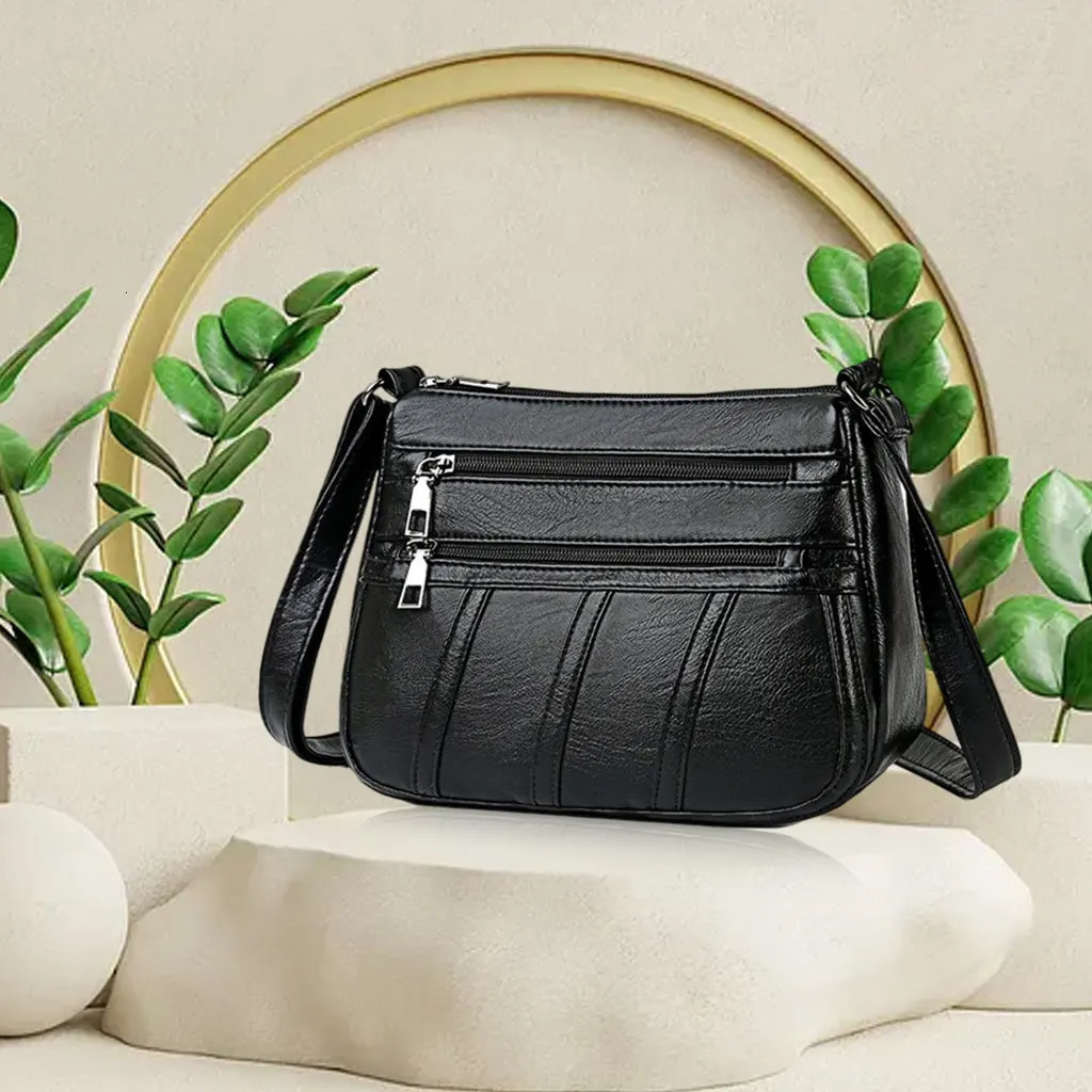 Ship from US Fashion Ladies Retro Style Cross Body Bag PU Leather Casual Messenger Shoulder Handbag Long Strap Black with Compartments 250227FBB