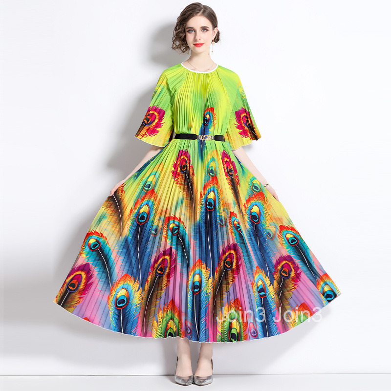 Summer New Womens Artistic Style Printed Mid Sleeve Round Neck Hundred Fold Large Swing Long Dress