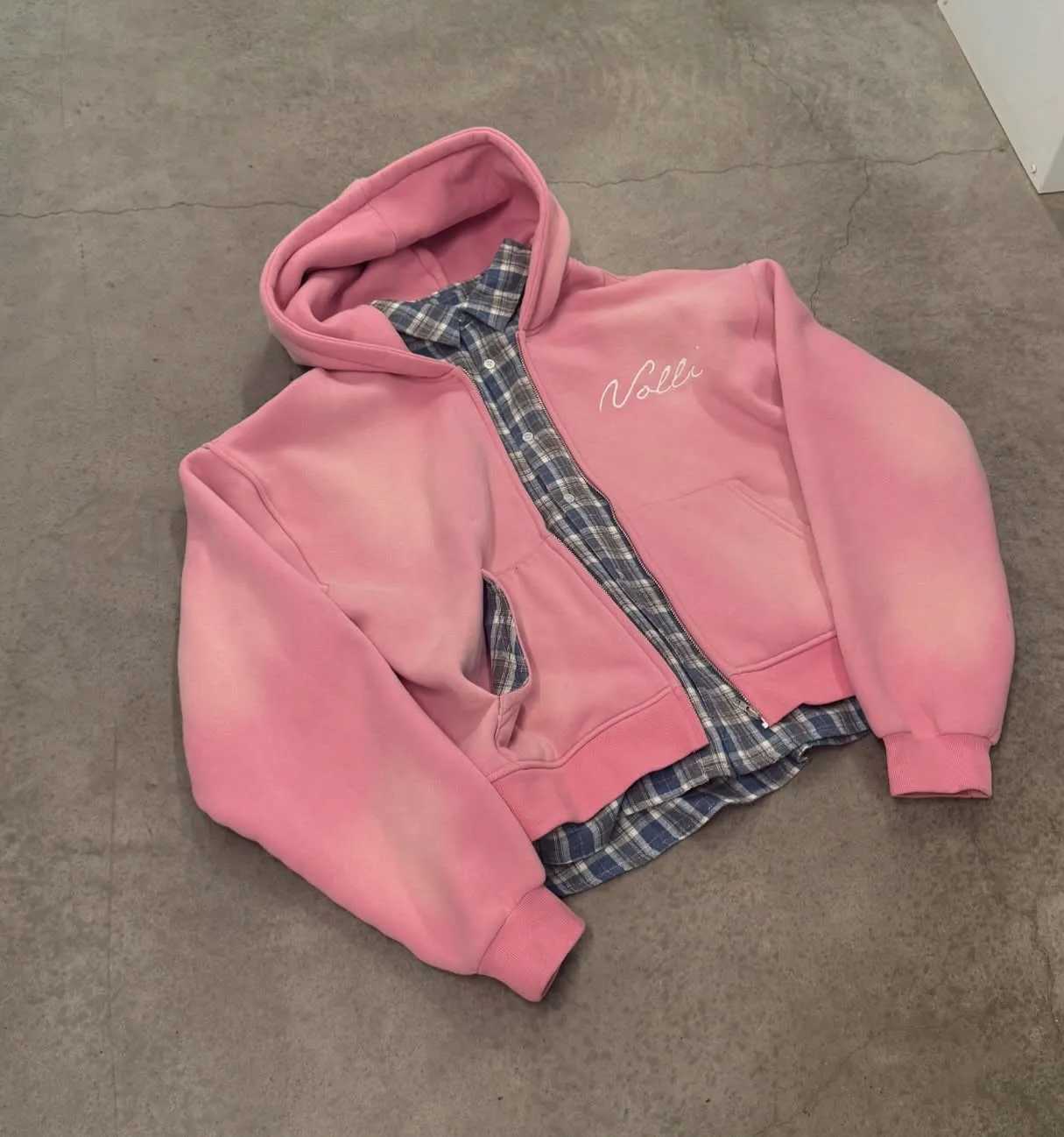 Streetwear Pink Fake Two Piece Sweatshirt Harajuku Gothic Punk Casual Zipper Hoodie Jacket Mens Womens Fake Plaid Shirt Hoodie W250222