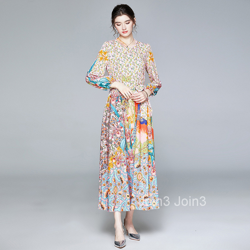 Small Clear Skirt Printed Long Sleeve Lace with Waist to Look Thin Dress Big Swing