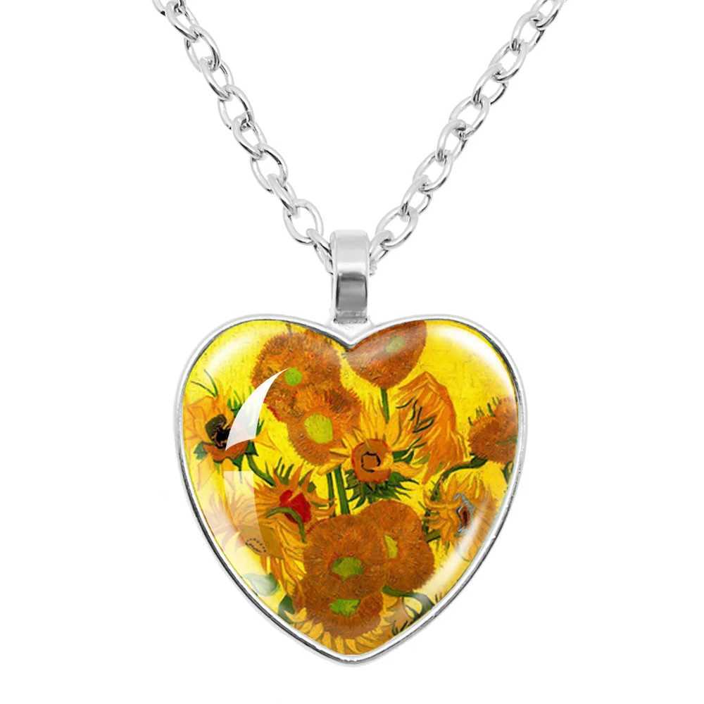 Fashion Van Gogh Art Starry Night Sunflower Necklace Glass Cabocon Painting Heart Pendant Printed Photo Necklace W250221