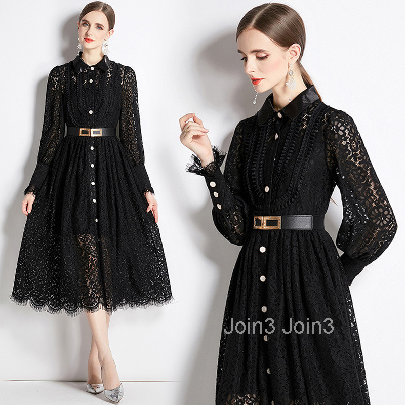Spring and Autumn New Womens Clothing Style Hook Flower Hollow Lace Dress Solid Color Large Swing Long Dress