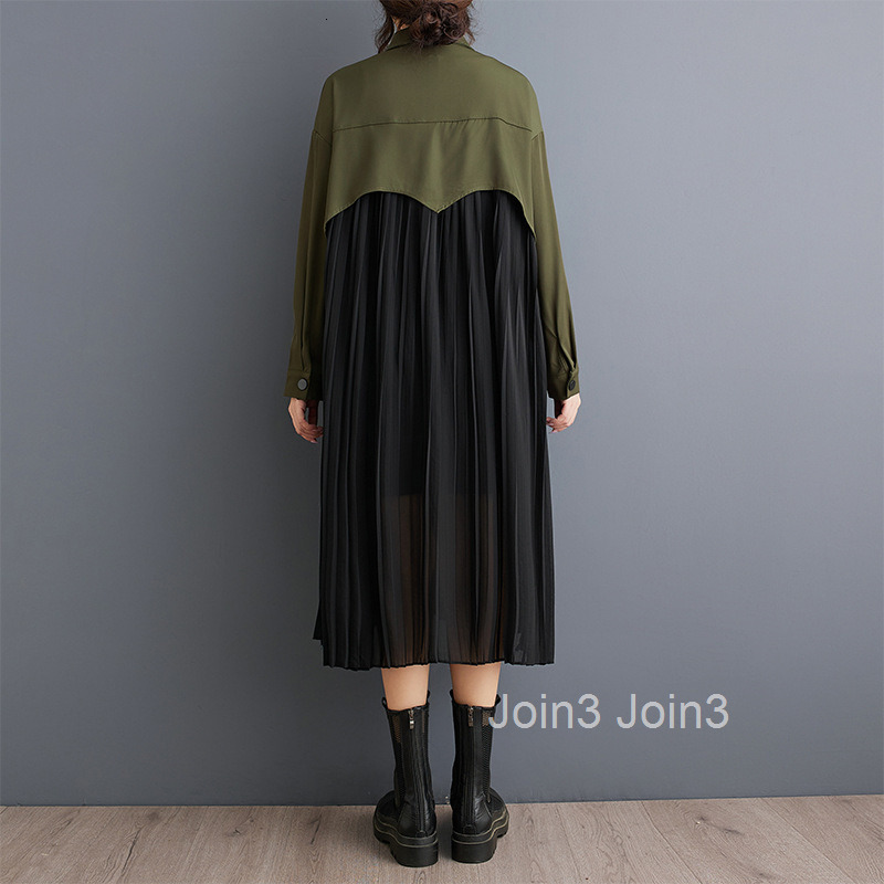 autumn new niche long sleeved shirt skirt loose patchwork pleated dress fashionable contrasting mid length skirt