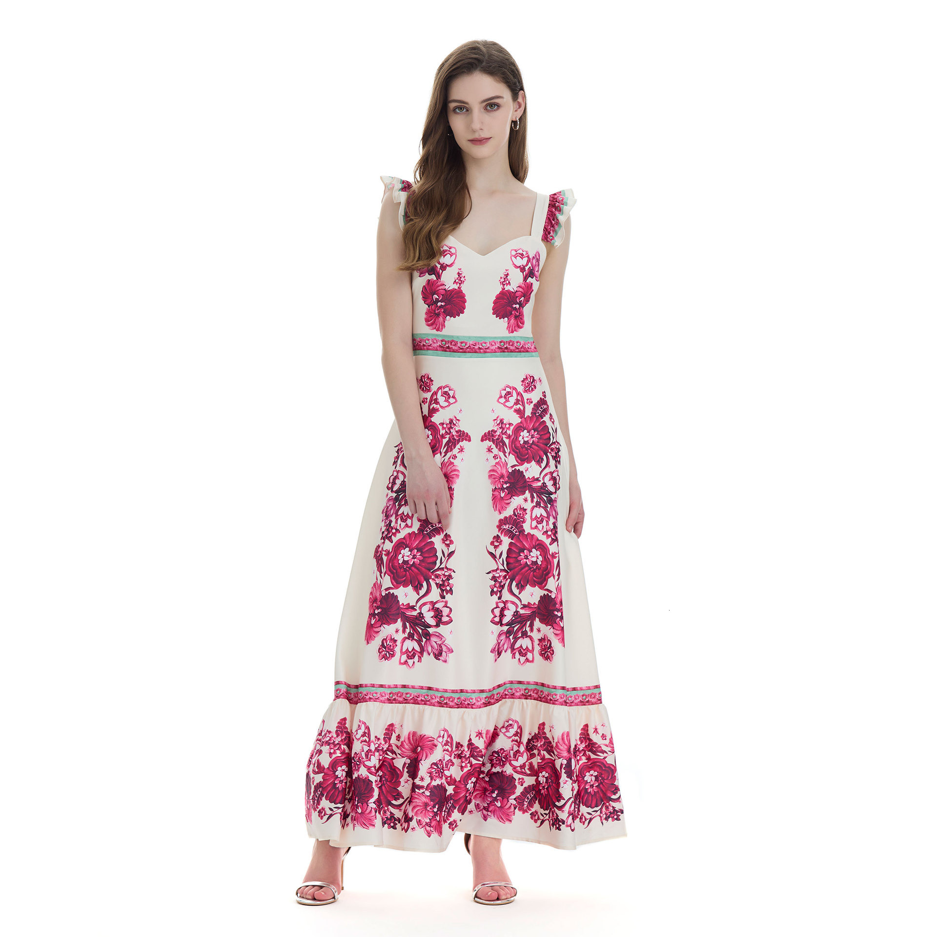 summer new womens printed ruffle edge suspender long skirt slim fit high waist A-line dress