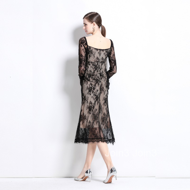 Spring and Autumn New Womens Dress with Generous Neck Long Sleeve Folded Waist Bag Hip Tail Lace Skirt