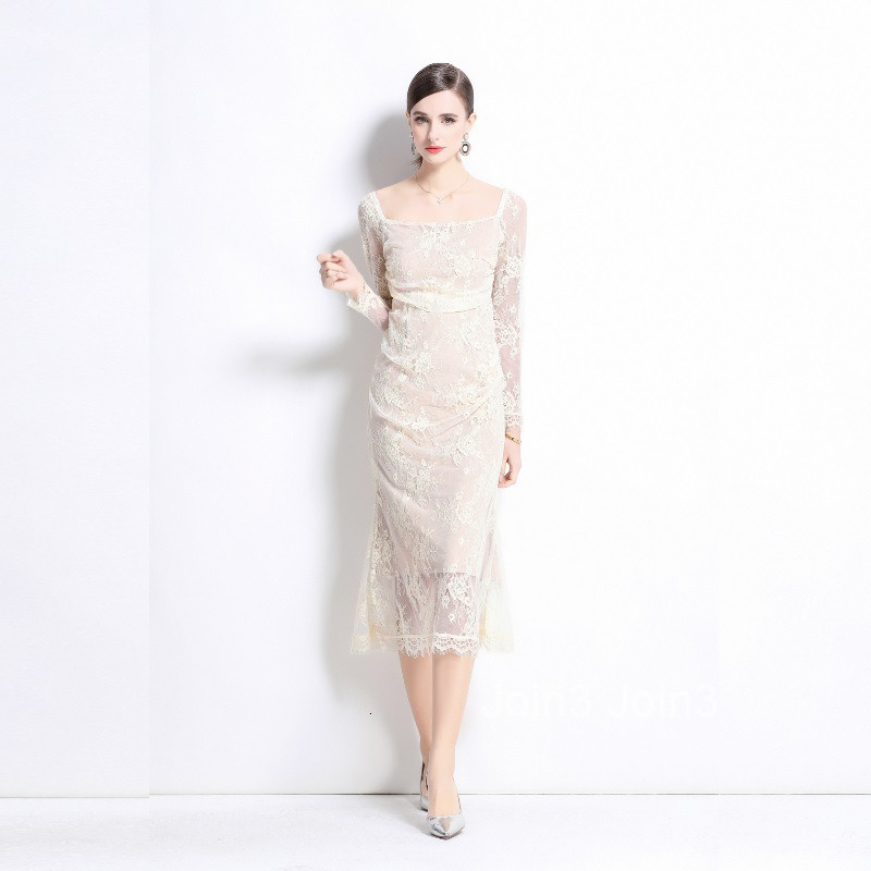 Spring and Autumn New Womens Dress with Generous Neck Long Sleeve Folded Waist Bag Hip Tail Lace Skirt