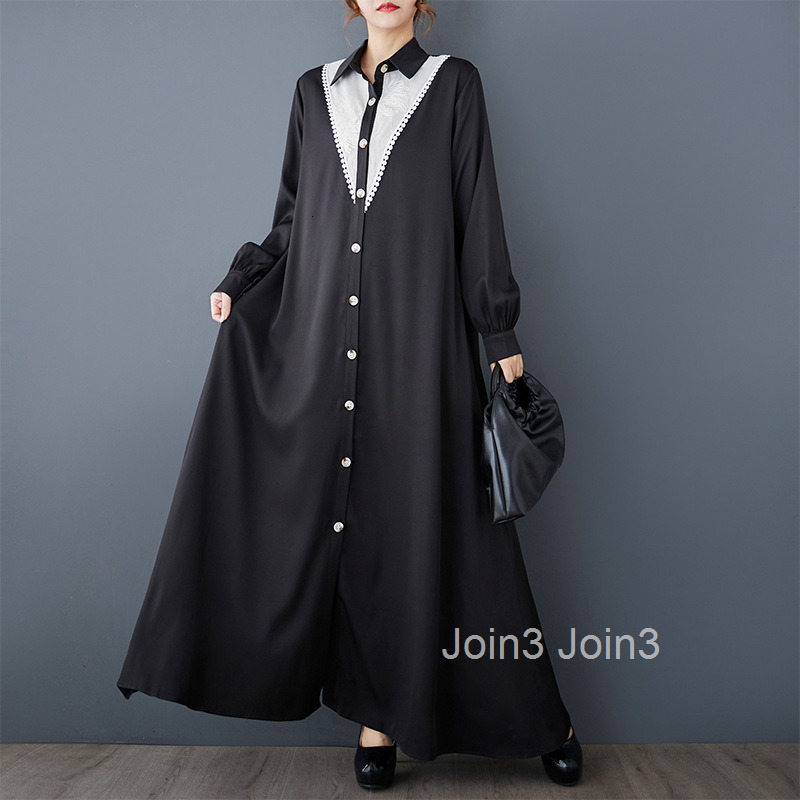 Spring and Autumn New Loose Artistic Fashion Mesh Embroidery Color Contrast Splicing Medium length Shirt Dress