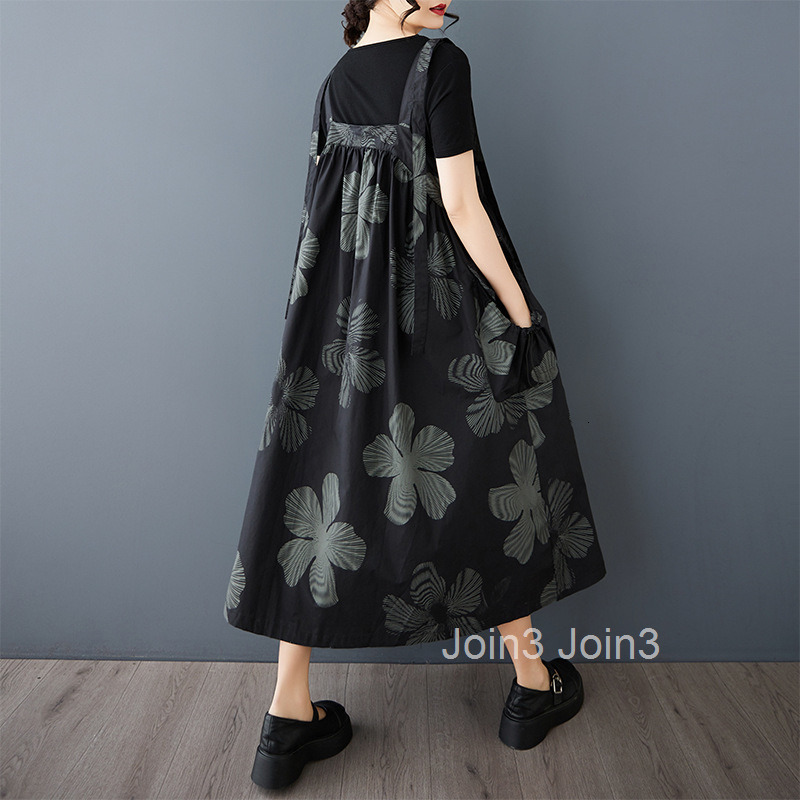 Spring/Summer New Dark Style Fashion Printed Tank Top Dress Loose Large Strap Skirt