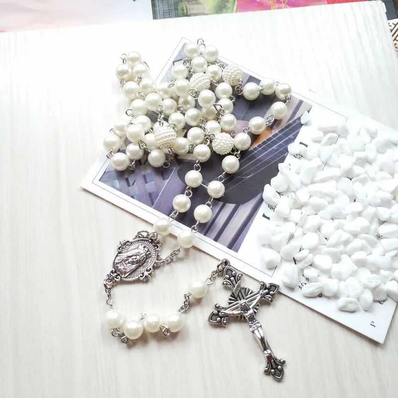 QIGO White Acrylic Pearl Long Catholic Necklace Cross Pendant Rosary Necklace Religious JewelryXJ250222