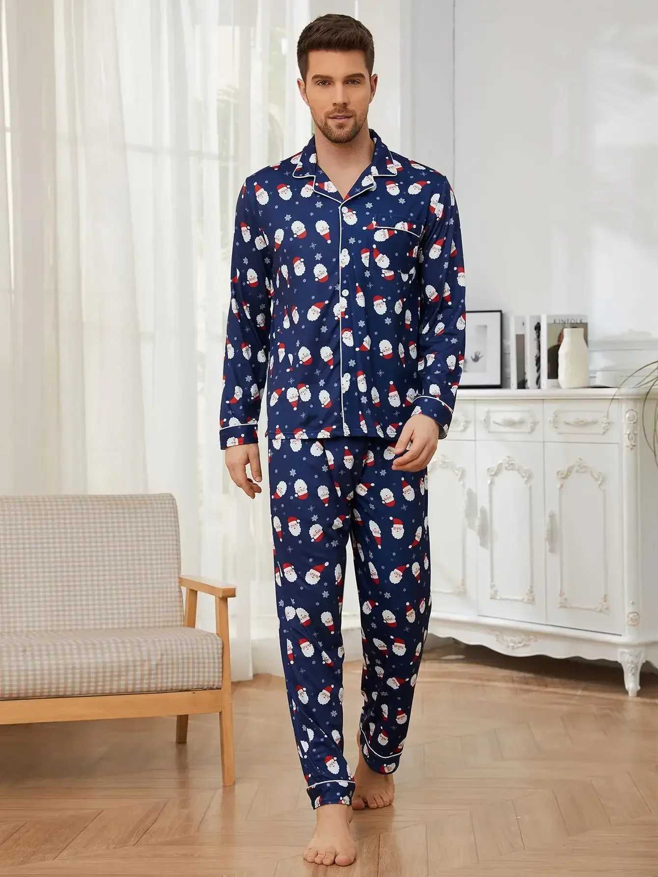 Christmas Santa Claus Men Pajama Set Long Sleeves Button Top Full Length Pants Sleepwear 2 Pieces Notched Collar NightwearXJ250222