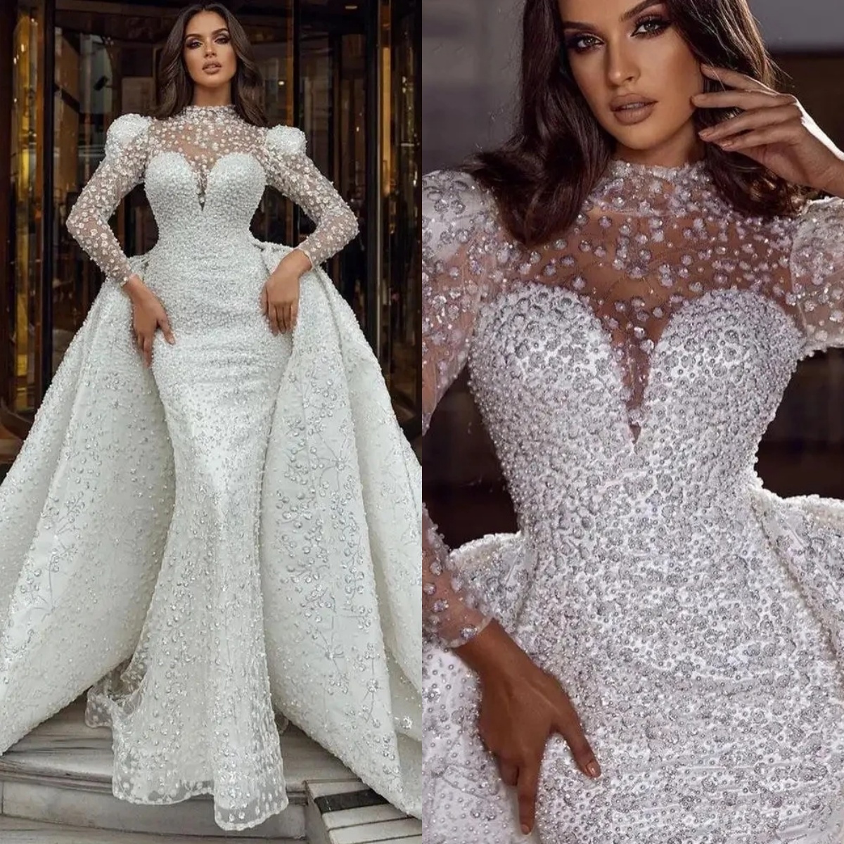 Mermaid Wedding Dress High Collar Long Sleeves Bridal Gowns Sequins Pearls Detachable Train Dresses Custom Made vestidos de novia