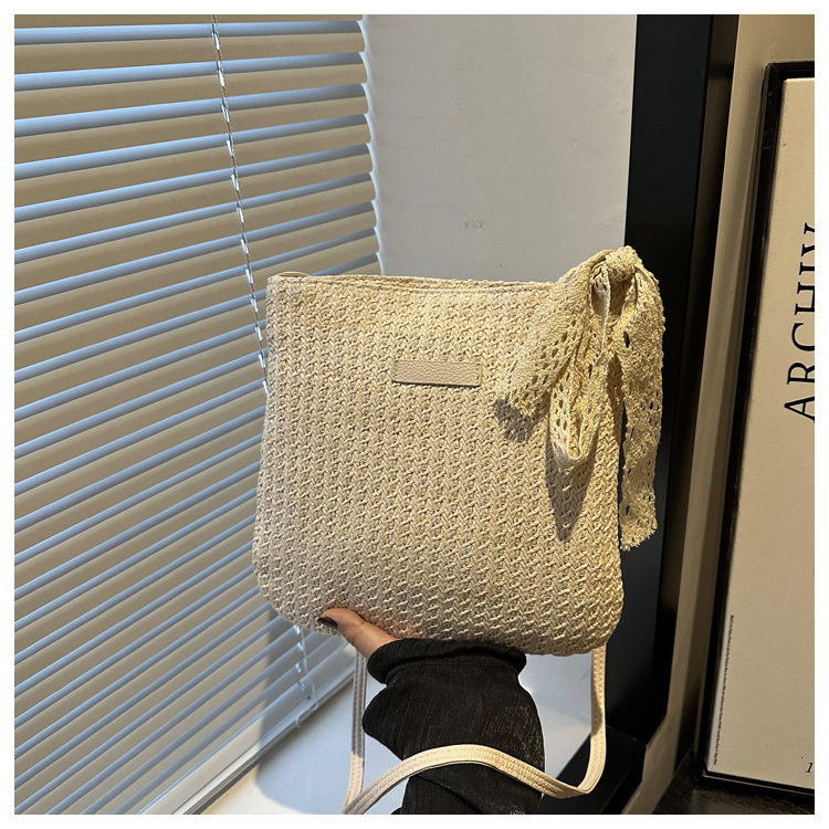 Trendy casual beach weaving 2025 personalized silk scarf new fashion and western-style grass woven bucket shoulder crossbody bag for women swissmilita