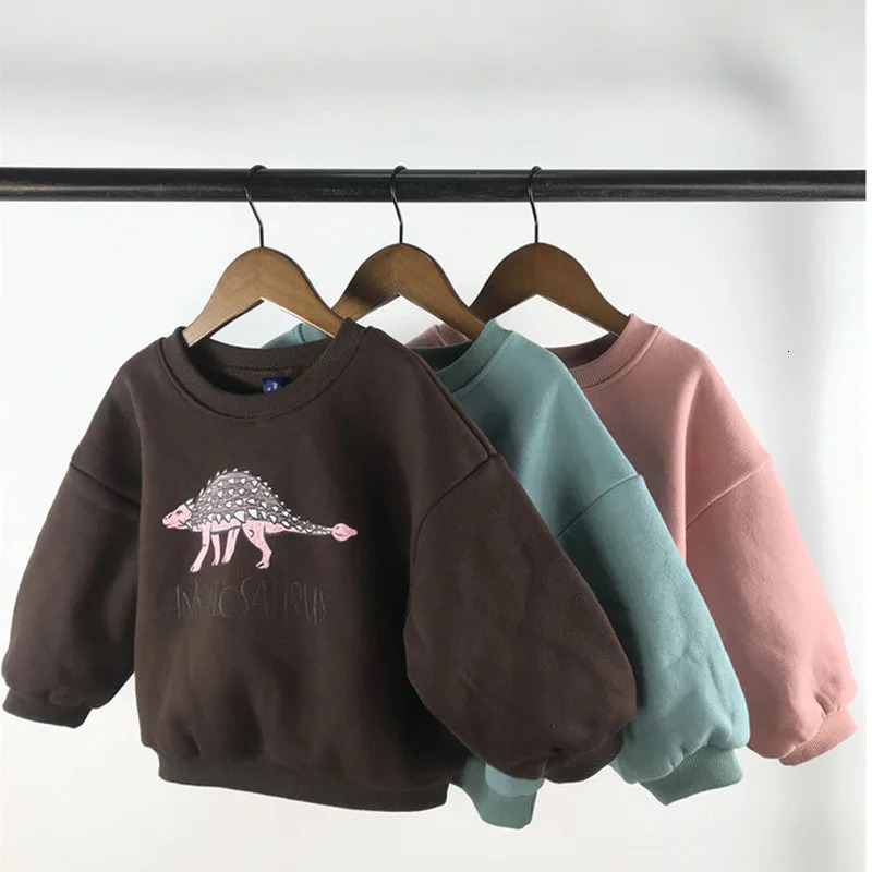 Autumn Kids Baby Boys Girls Hoodies Cool Dinosaur Plus Fleece Children Pullover Comfortable Sweatshirt 250221
