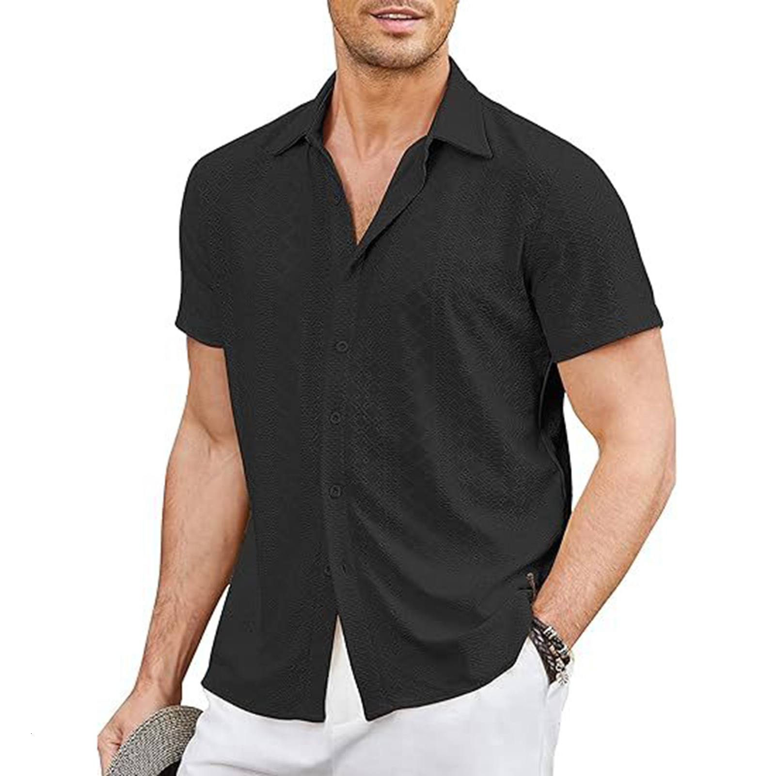 Men's Short Sleeved Shirt Button Men's Loose Casual Beach Wear Men's Designer Shirt Summer Hollow Out Quick Drying Breathable Shirt Vac