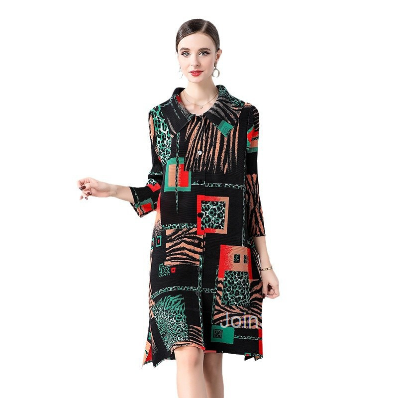 French style pleated printed dress 2024 spring/summer new item lapel plus size three bedroom loose shirt skirt