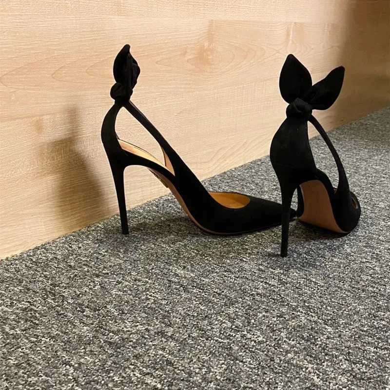 2023 Summer Black Rabbit Sexy Pointed Shoes Bowknot Single Shoes Slim Heel Sandals Womens High Heels luxury sandalsXJ250221