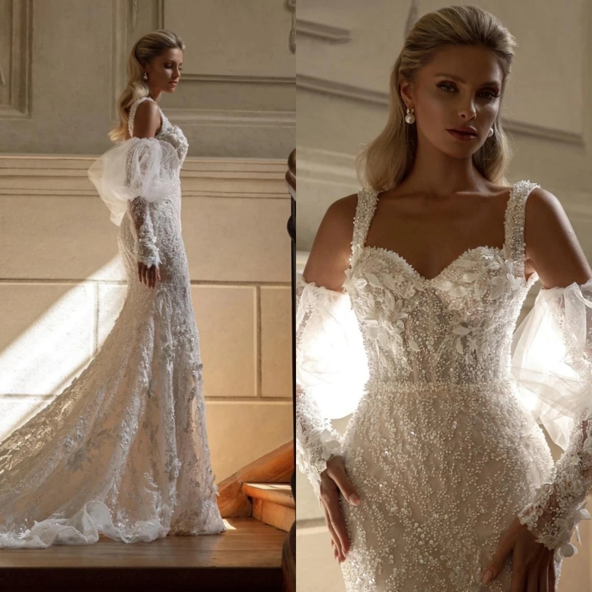 Fashion Mermaid Wedding Dress Sweetheart Neck Removable Sleeves Bridal Gowns Sequins Appliques Backless Sweep Train Dresses Custom Made vestidos de no