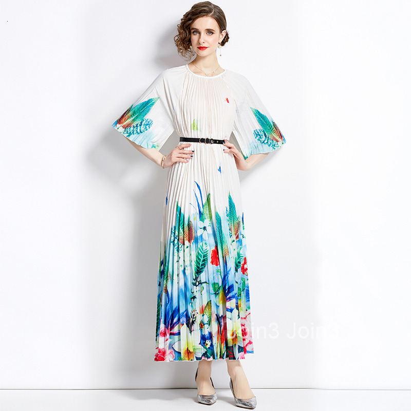 Summer New Womens Artistic Style Printed Mid Sleeve Round Neck Hundred Fold Large Swing Long Dress