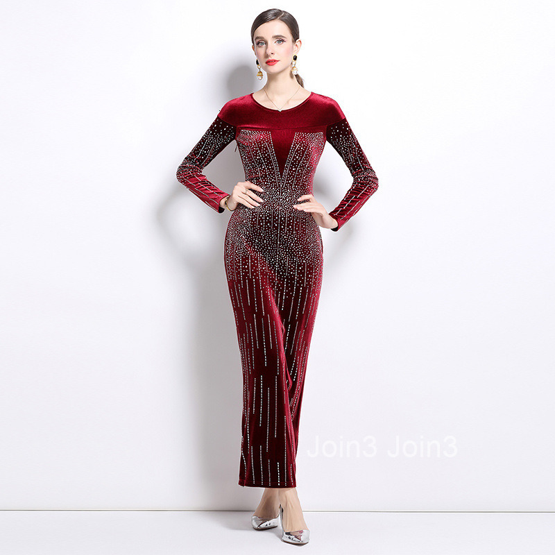 Autumn/winter New Womens Clothing Style Velvet Hot Diamond Long Sleeve Slimming Long Dress