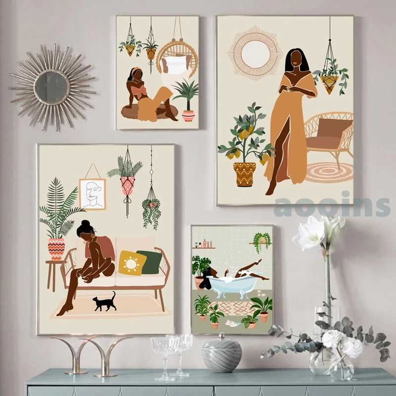 African Art Prints Bohemian Abstract Fashion African Black Girl Bathing Poster Tropical Plants Jungle Women Canvas Painting Decoration Y250218